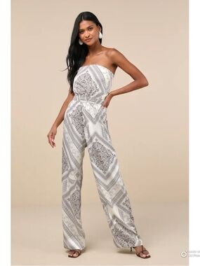 Lulu's White and Gray Strapless Printed Jumpsuit